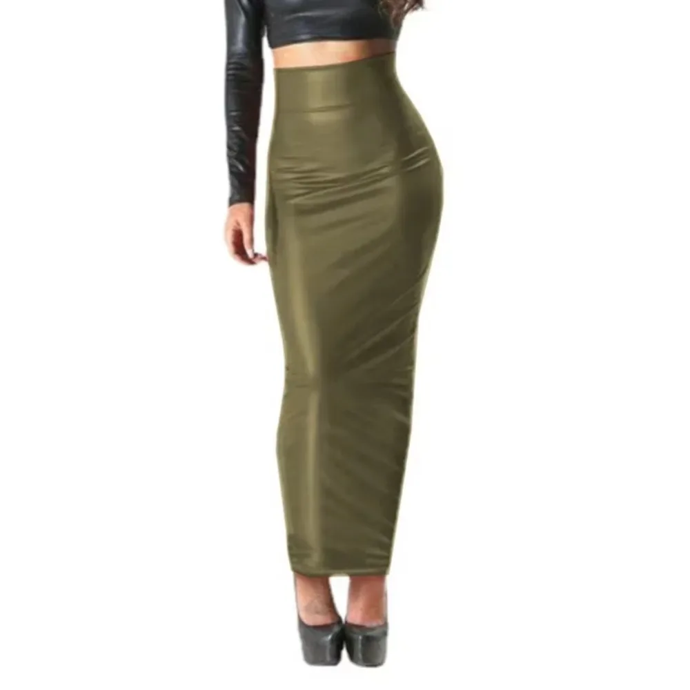 Women's Elastic Waist Skirt Plus Size PU Leather Hobble Skirts Sexy High Waist Bodycon Long Skirt Office Lady Solid Color Skirts