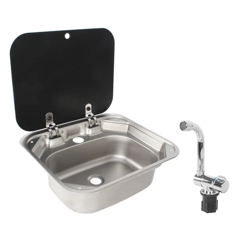 Camper RV Sink Single Hand Wash Basin Sink With Tempered Glass Lid 304 Stainless Steel For Caravan RV Boat Kitchen