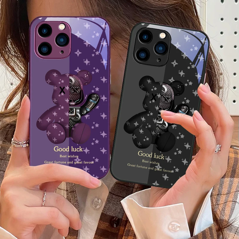 Brauner Maschinenbär für iPhone 16 Pro Max 15 Pro 14 13 12 Mini 11 XS Max XR 7 8 Plu SE 2022 Handyhülle aus gehärtetem Glas