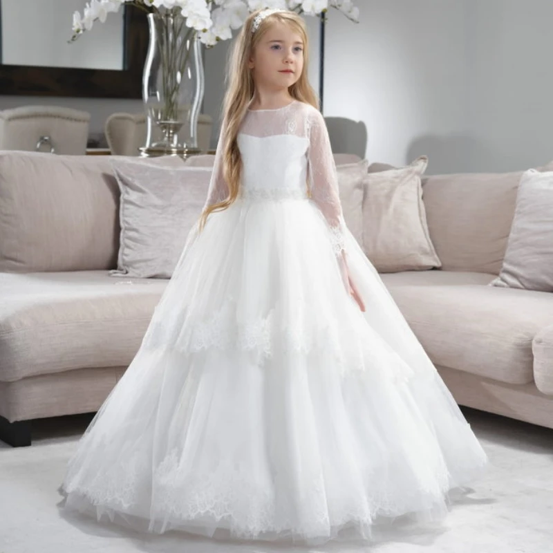 White Flower Girl Dresses Tulle Puffy Lace Appliques With Bow Long Sleeve For Wedding Birthday Party First Communion Gowns