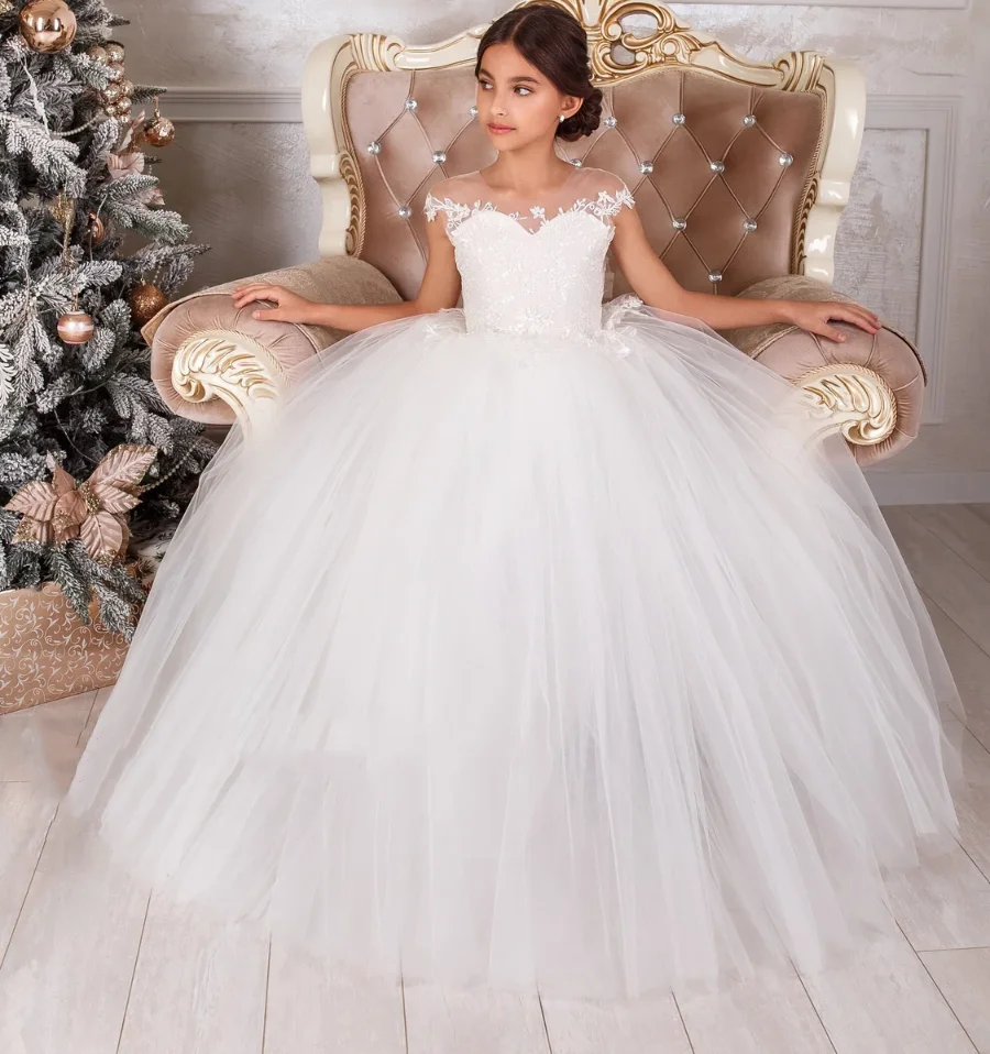 

Long Flower Girl Dresses For Wedding Guest Kids Bridesmaid With Bow White Ivory Lace Tulle First Communion Dress