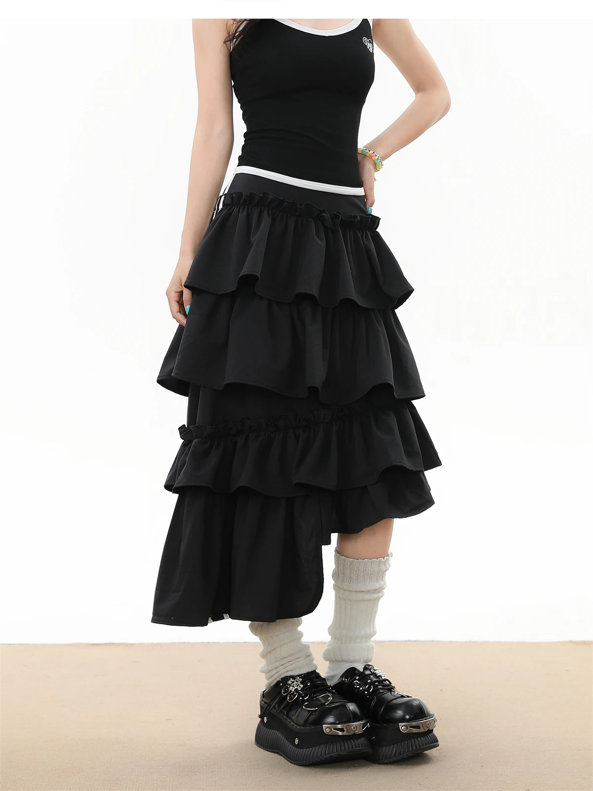 Süße Mädchen Frühling Sommer Streetwear Retro Asymmetrische Kuchen Rock Frauen Mode Lässig Punk Gothic Schwarz Röcke Dame Y2k Kleidung
