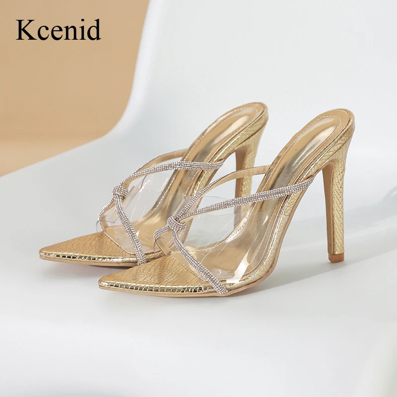 

Kcenid Fashion Crystal Rhinestone Narrow Band Thin High Heels Slippers Women Pointed Toe Summer Sandals Party Dress Shoes