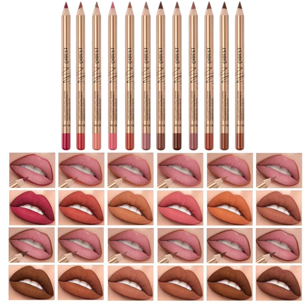QIBEST 12 szt./Zestaw Matowe Złote Konturówki do Ust Odporna na Rozmazywanie, Długotrwała, Trwała w Kolorze i Nieklejąca się.