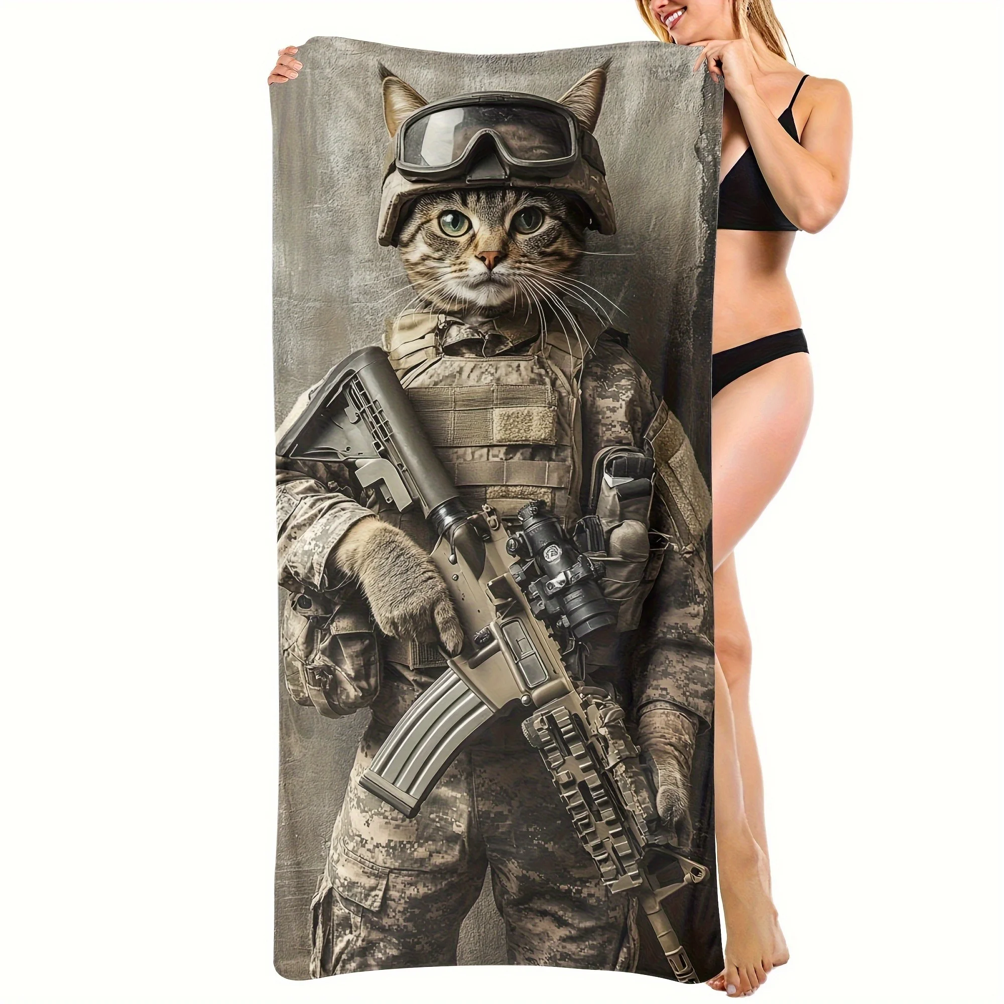 プレミアム吸水性ビーチタオル-戦術的な猫のミリタリーテーマ装飾ギフト-ホームデコレーション-夏休みアクセサリー
