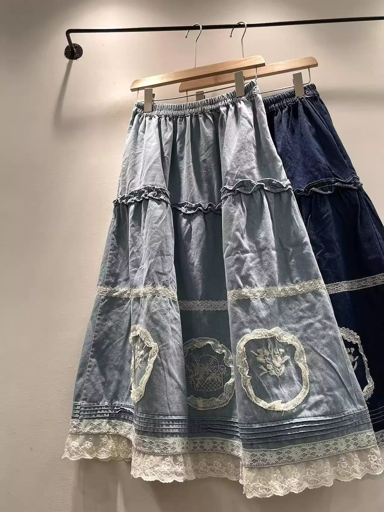 

2025 Women's denim skirt mori girl Japanese style elastic waist lace patchwork denim long skirt jean skirts Mujer Faldas
