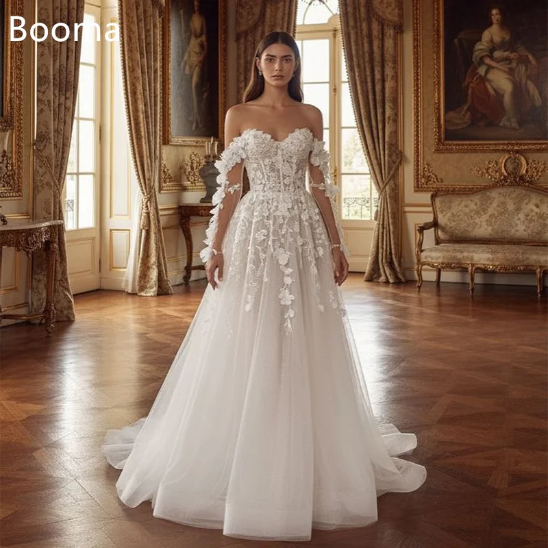 

Booma A-Line Long Off The Shoulder Flower Elegant Wedding Dresses Lace Appliques Tulle Brides Gown Custom Made 2025
