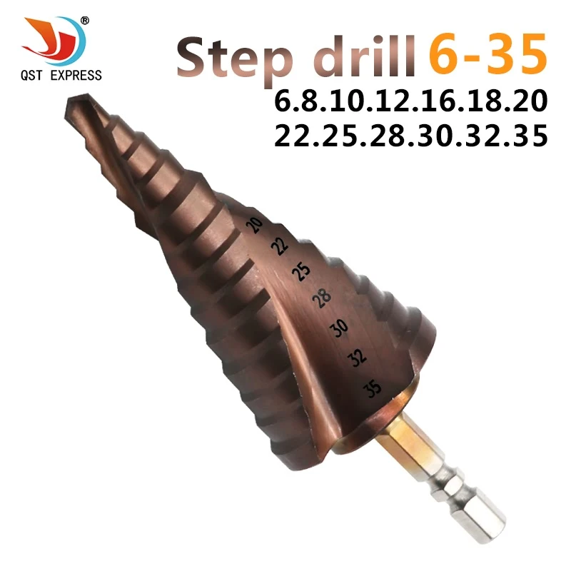 HSS 6-35mm Titanium Coated Spiral Groove co M35 Step Drill Bit With Cobalt 13 Steps 6.35mm Hex Shank Pagoda Drill Bit