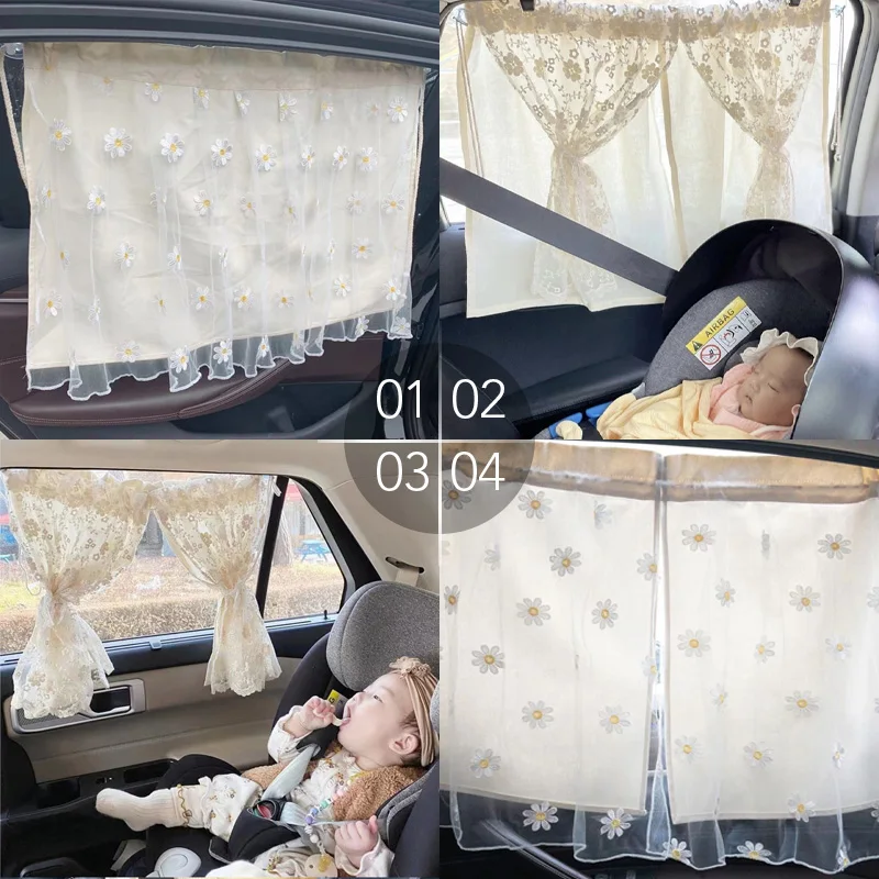 Double Layer Lace Cotton Embroidery Car Curtain Sun Shading Newborn Baby Travel Protection Window Sunshade Anti-UV Cover Outdoor