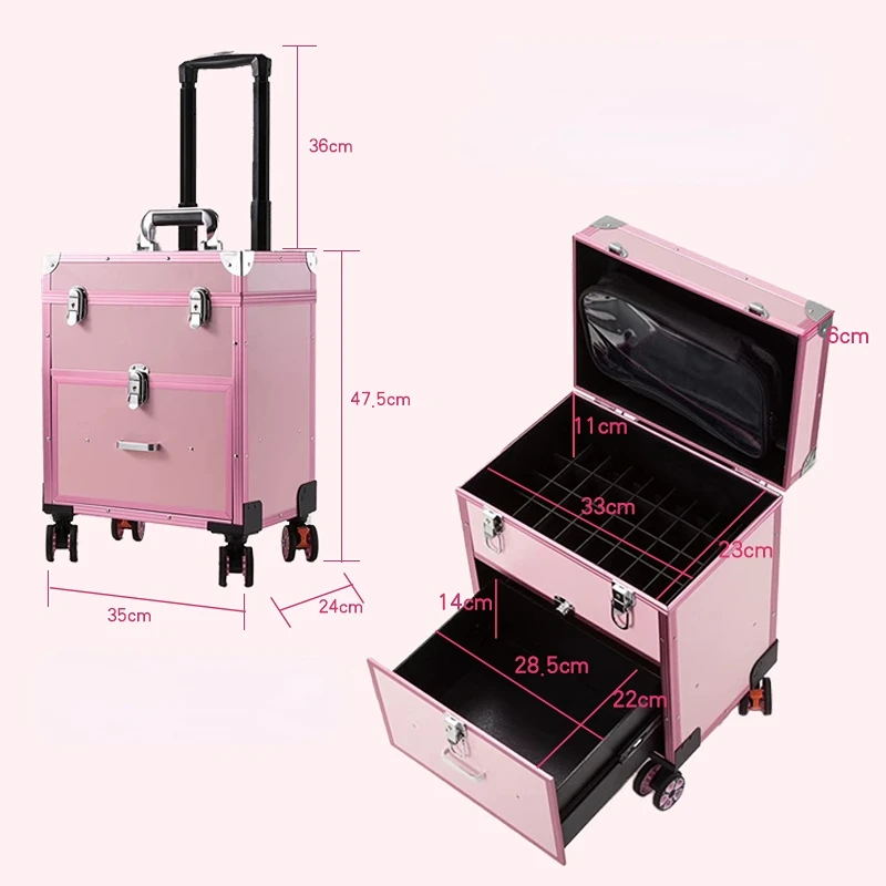 Travel Beauty Cosmetics Organizer Luggage Box ABS+PC Professional Makeup Suitcase pink Large Capacity Wheels Trolley Case