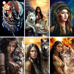 DIY Diamond Embroidery Wolf Animal Diamond Painting Indian Woman Cross Stitch Kits Picture Rhinestones Mosaic Wall Decor