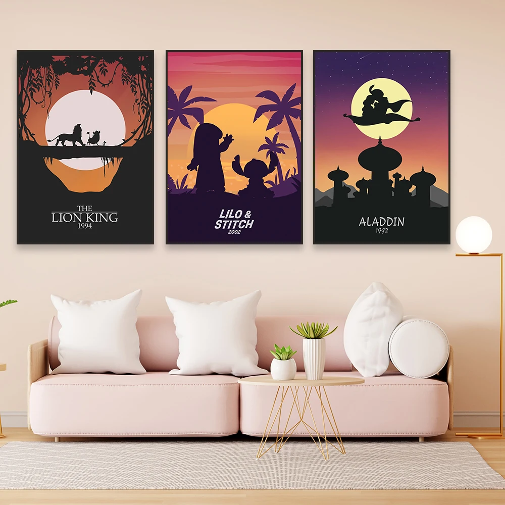 Disney Movie Film Art Poster Aladdin Wall Art Canvas Painting The Princess and the Frog Vintage Lilo & Stitch Movie Prints Decor