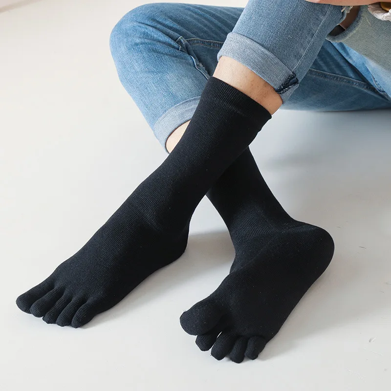 3 Pairs Men\'s Long Thick 5 Finger Socks Solid Cotton Autumn Winter Warm Split Toe Mid-Calf Casual Business Work Socks with Toes