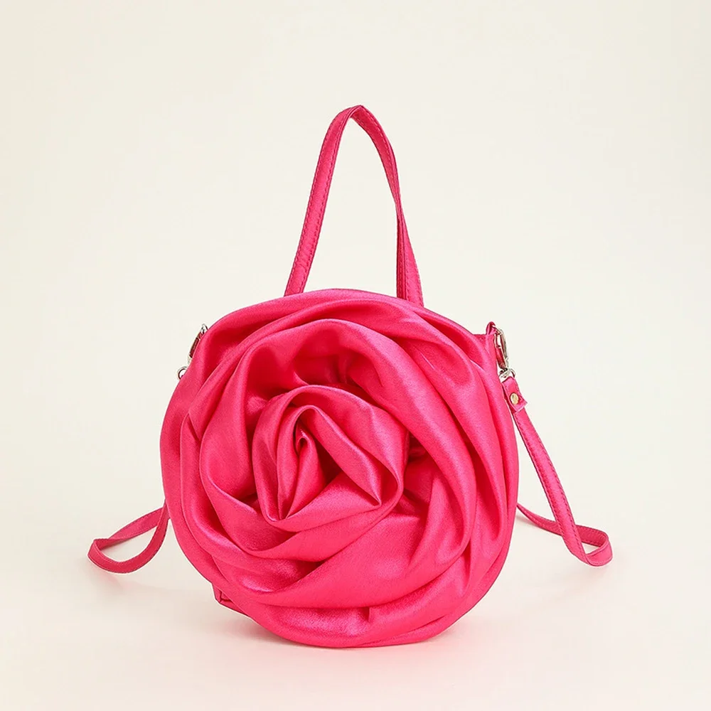 Luxury Rose Handbags Design Silk Pleated Flower Shoulder Bag Women Red Satin Round Evening Purse Wedding Party Clutches Female