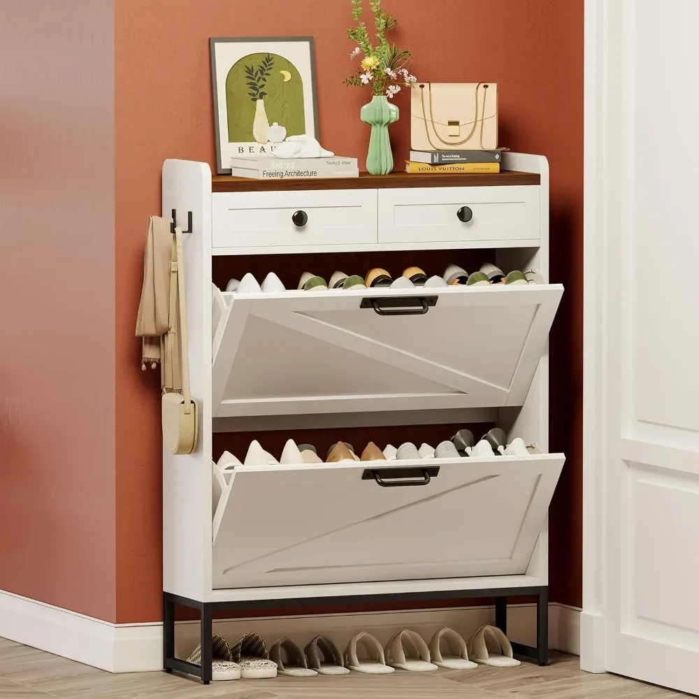 

Shoe Cabinet Storage for Entryway, Farmhouse Shoes Organizer Rack with 2 Flip Drawers and 2 Fabric Drawers, Narrow Slim Shoe Ca