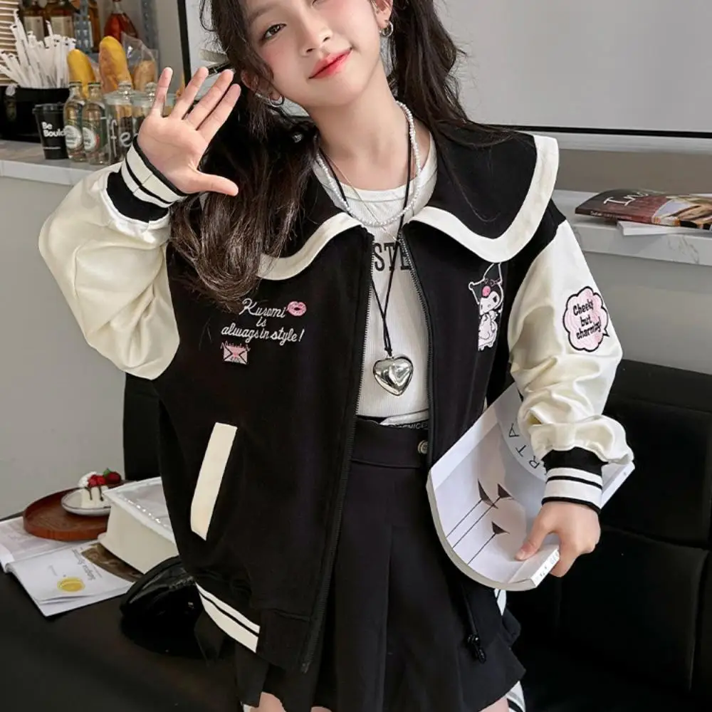 Kuromi Girls Baseball Jacket Sanrio Anime Cartoon Spring Kawaii Kids Loose Versatile Top Coat Children Preppy Outerwear Clothing