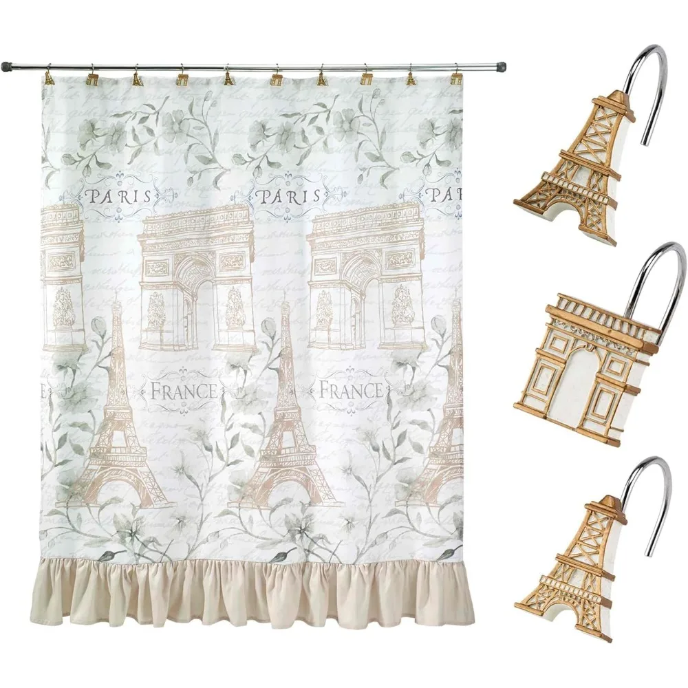 مجموعة دش بوتانيك باريس الأنيقة مع ستارة قماش وخطافات زخرفية لديكور الحمام الأنيق #1