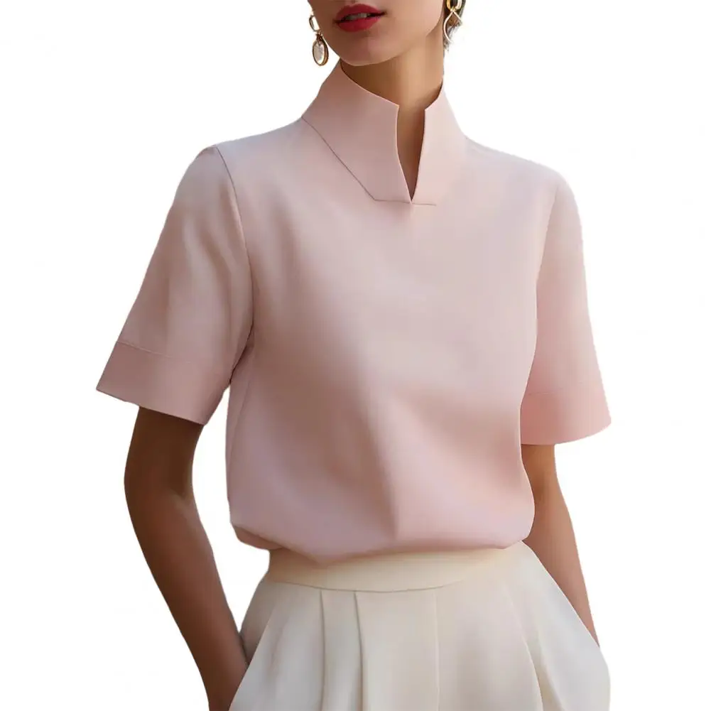 

Women Shirt V-neck Stand Collar Loose Fit Pullover Tops Pure Color Soft Stretchy Breathable Blouse Daily Wear Soft Stretchy Tops