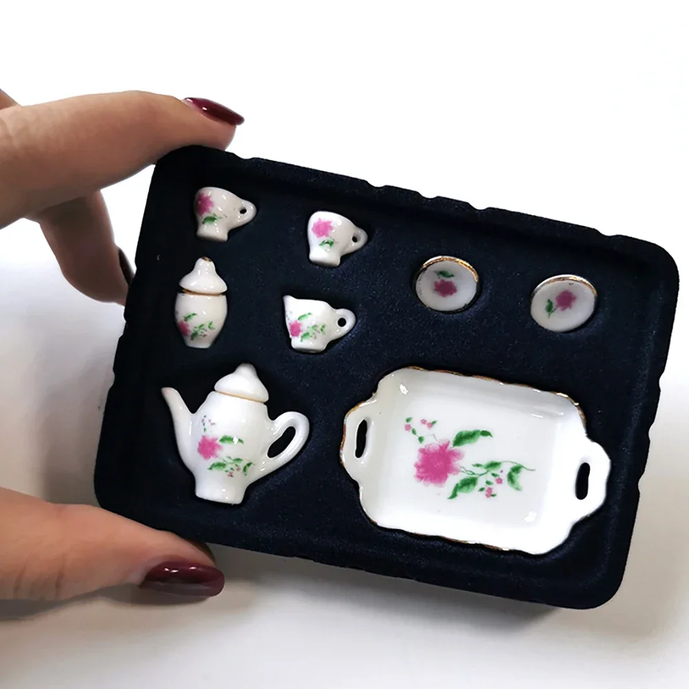 

8Pcs 1/12 Doll House Miniature Ceramic Tea Set Simulation Kettle Cup Plate Model Toys Mini Decoration Dollhouse Accessories