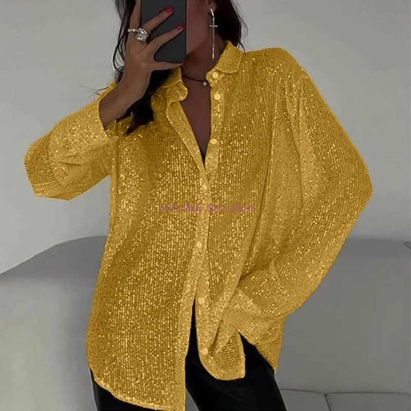 49ME Womens Sequins Long Sleeve Collared Shirts Button Down Open Front Shirt Loose Blouses Glitter Button Down Shirt