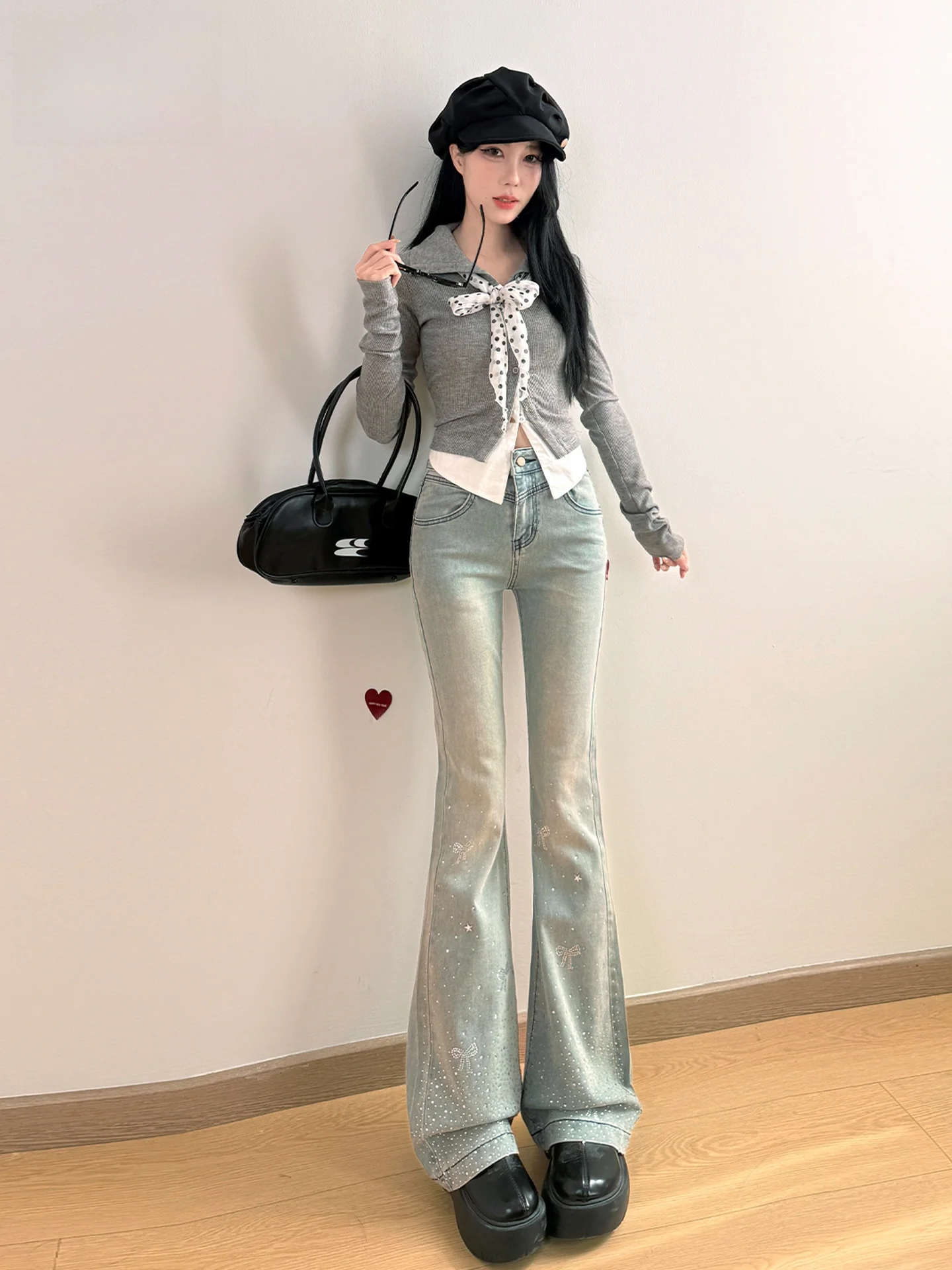 

Flashy Sparkling Rhinestone Design Women's Bell Bottom Jeans High Waist Cotton Blend Denim Slimming Summer Trendy Casual