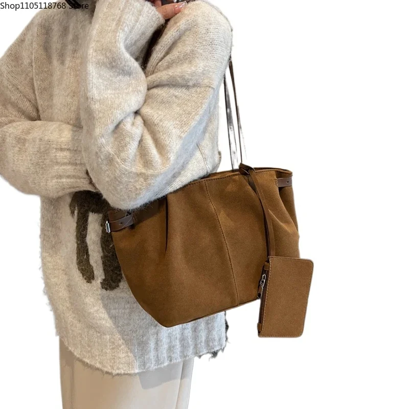 

Замшевая сумка на плечо для женщин, большие замшевые сумки, легкая сумка для подмышек, повседневная сумка-шоппер, однотонная дорожная сумка-ведро