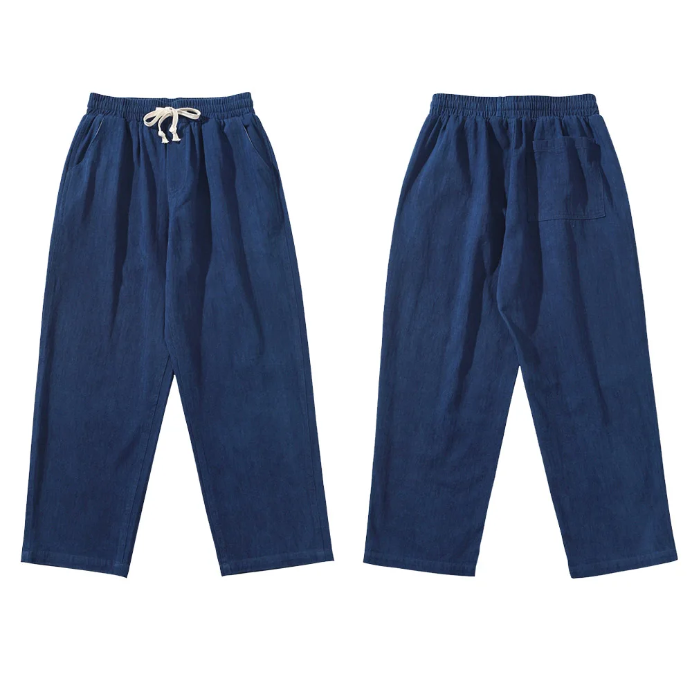 Vintage Indigo Pants Herringbone Fabric Wide Leg Pants 2022 Spring Autumn New Handmade Blue Dyed Loose Straight Casual Trousers