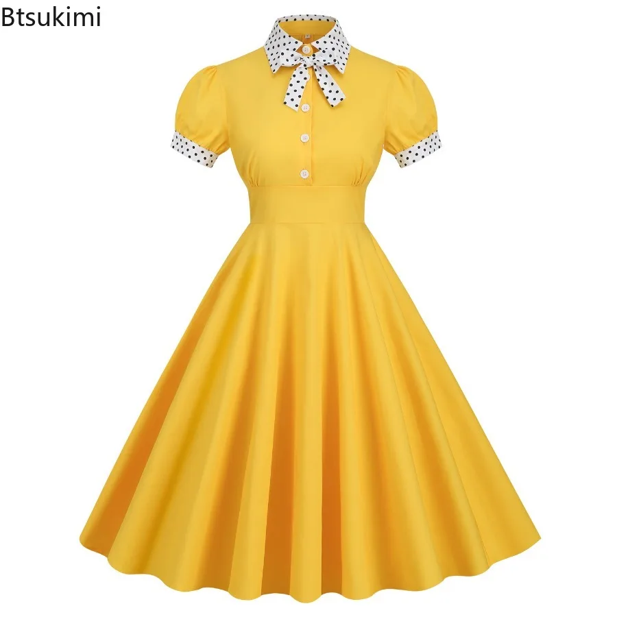 

New 2025 Women's Vintage Yellow Polka Dots Dress Summer Retro Turn Down Collar Swing Dress Rockabilly Cocktail Party Dress Lady