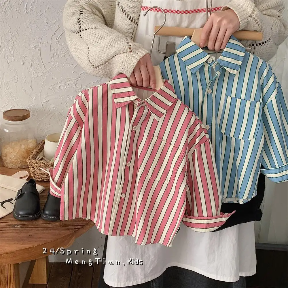 

Children Clothing Kids Casual Simple Shirt 2024 Spring New Fashionable Striped Shirt for Boys and Girls Korean Style Long-sleeve