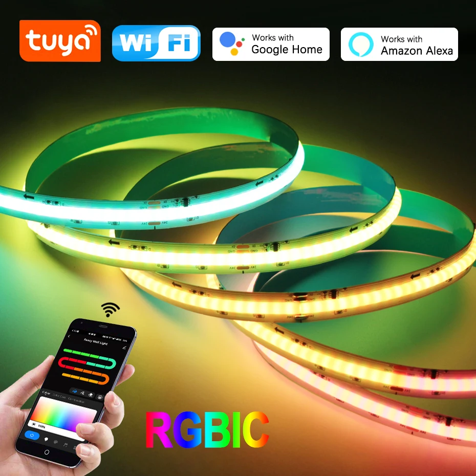 

24V Tuya COB Светодиодные полоски 420LEDs/m RGBIC LED лента с дистанционным управлением Интеллектуальная лента RGB для домашнего декоративного освещения