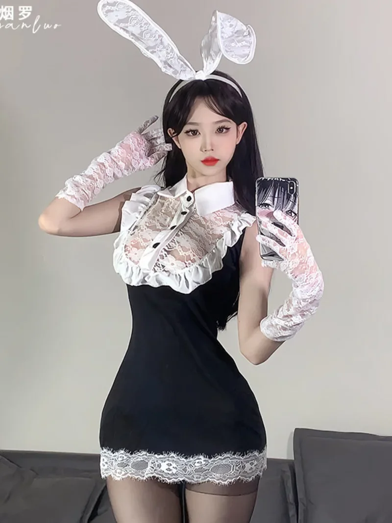 

Sexy Rabbit Girl Secretary Temptation Bag Hip Dress Perspective Splicing Lace Edge Sheath Korean Style Women's Dresses New 2025