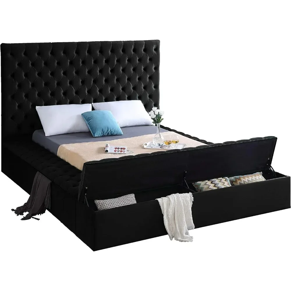 Contemporary Velvet Upholstered Bed with Deep Button Tufting and Storage Compartments in Rails and Footboard