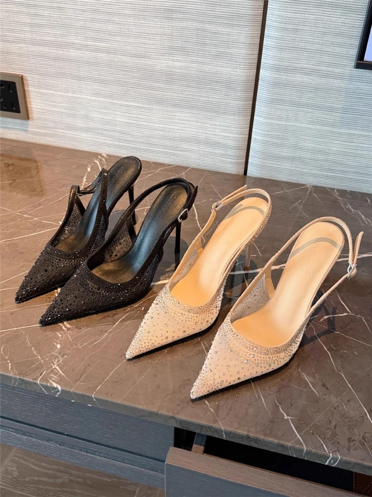 

High-heeled sandals spring and summer new pointed toe head shallow wedding shoes mesh rhinestone small size banquet women's shoe