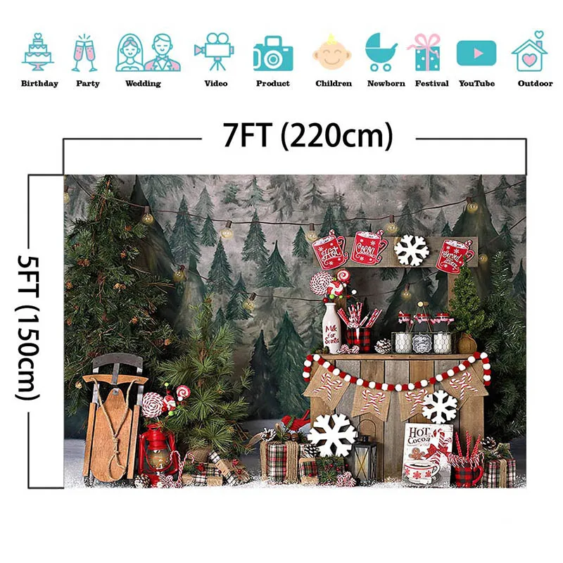 Christmas Hot Cocoa Photography Background Winter Snow Pine Tree Xmas Holiday Party Decor Kids Portrait Backdrops Photo Studio