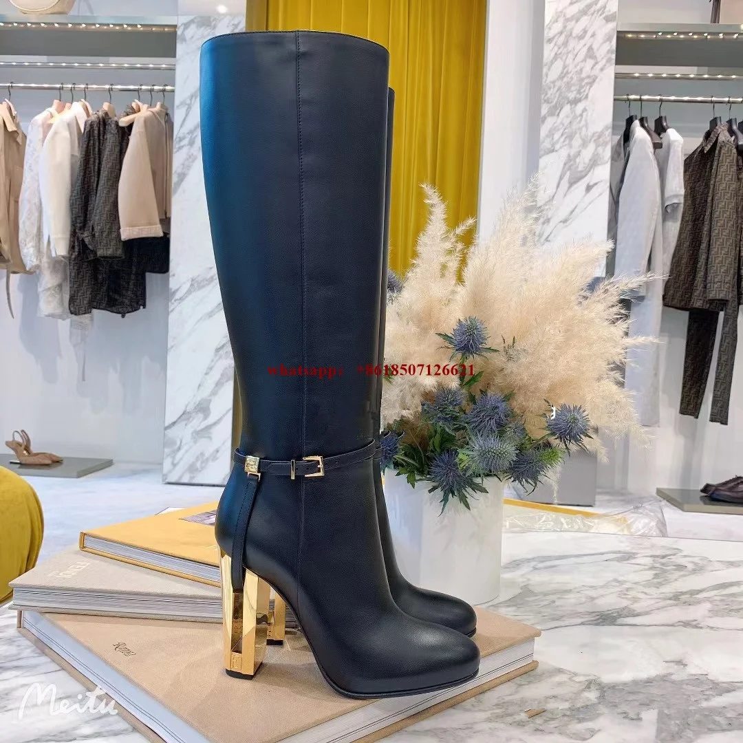 

New Retro Floral Metal Hollow Heel Solid Color Belt Buckle Side Zipper High Heel Round Toe Fashion High Boots