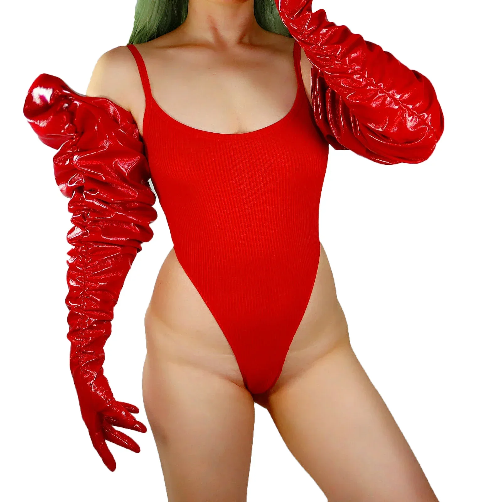 dooway-シャイニーレッドラテックスショルダーグローブ-シャーリング加工-100cm-ロングパフスリーブ-フェイクレザー-ルーズコスプレ-イブニングコスチューム-ハロウィン-グローブ