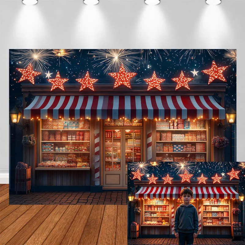 

LS Independence Day Photography Background Star Light Sign Red White Stripe Decor Adult Kids Portrait Photo Backdrop Studio