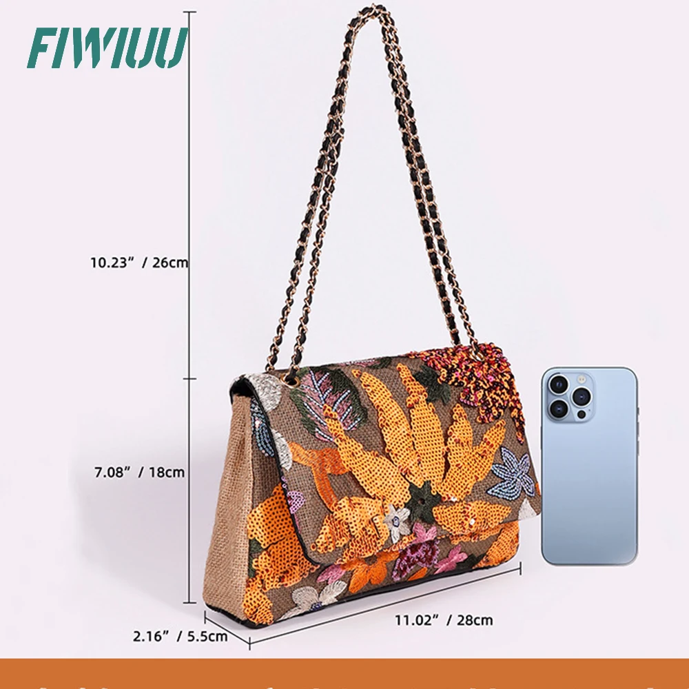 FIWIUU Women\'s Original Flap Bag Crossbody Sequin Chain Bag Floral Handbag Handwoven Embroider Shoulder Bag