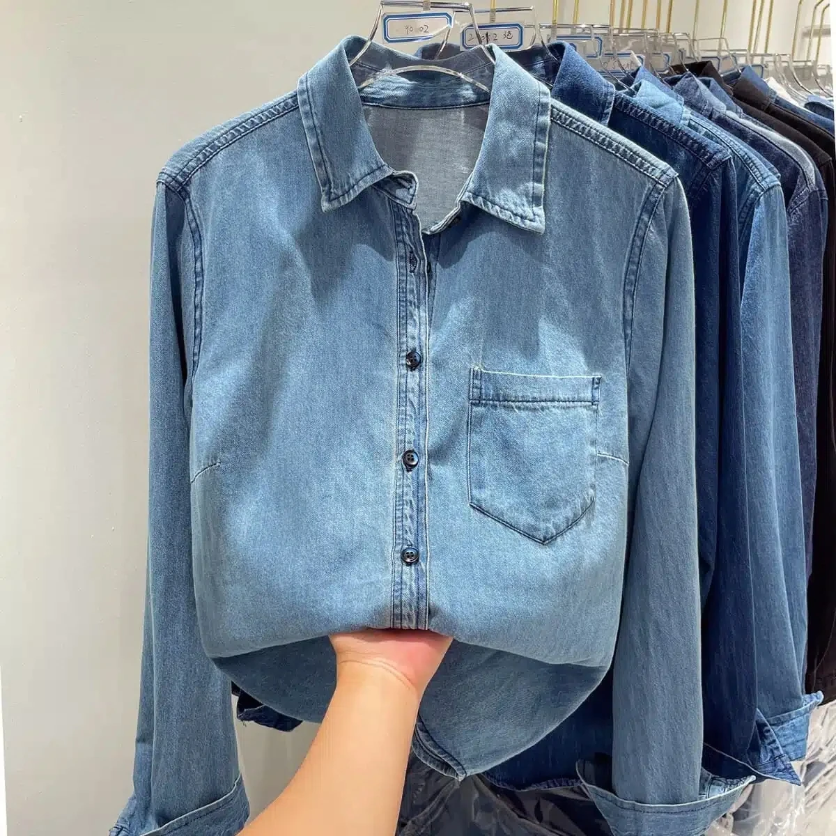 Temel POLO yaka Denim bluzlar 2023 bahar kadın Jean gömlek cep tasarım uzun kollu mavi Blusas Mujer rahat kovboy Tops