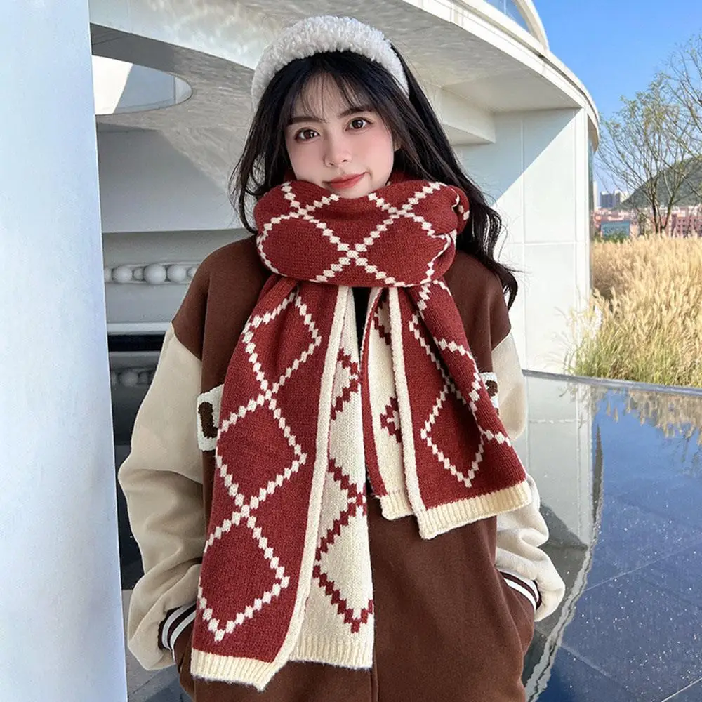 

Couple Two-colors Scarves Woolen Yarn Wrap Rhombus Grid Knit Shawl Neck Warmer Items Double-sided Plaid Scarf Thicken Muffler