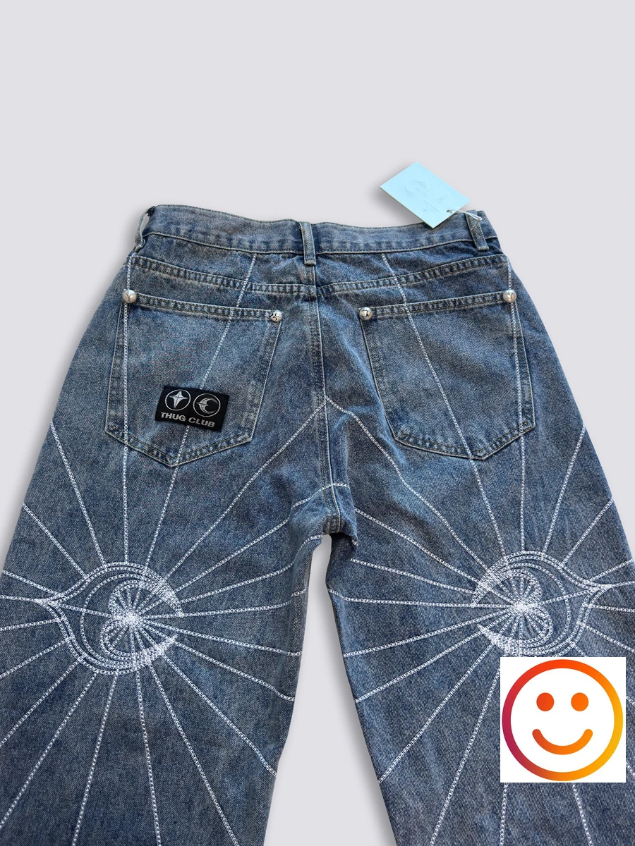 Thug Club Embroidery Spider Web Pattern Jeans Men Women High Quality Vertical Loose Fit Wide Leg Denim Pants Trousers Patch Tag