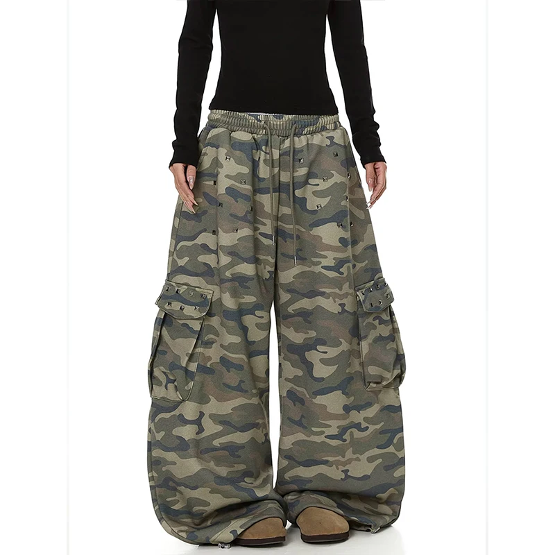 2026 American Retro Rivet Large Pocket Camouflage Utility Pants Loose Drawstring Wide Leg Casual Versatile Long Trousers