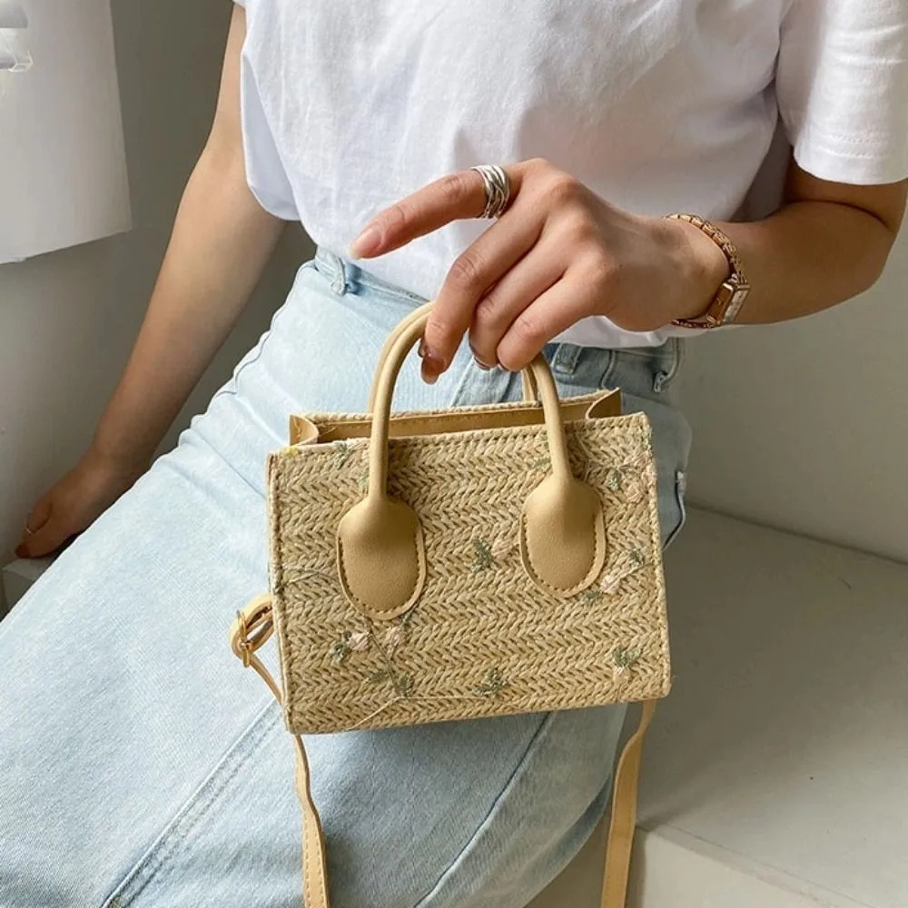 

Lace Flower Women Shoulder Bag Portable Korean Style Ladies Crossbody Bag Large Capacity Mini Handbag Straw Weave Square Bag