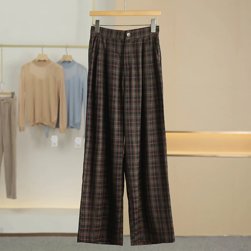 

Ретро-брюки в клетку с плиссировкой, повседневные, в уличном стиле, с естественной талией, на молнии, женские прямые брюки, новинка Весна 2026