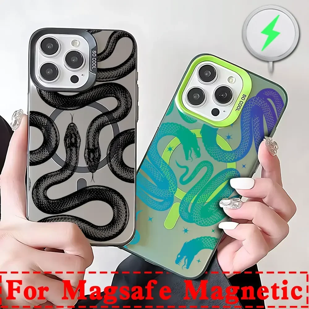 Cute Doodle Funny Snake Magsafe Magnetic Phone Case for IPhone 11 12 13 14 15 16 Pro Max Plus Lens Creative Border Plated Cover