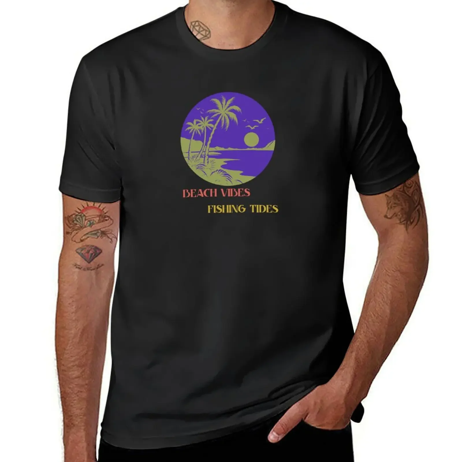 Great pic of bay with palm trees, seagulls, bay, and the sun setting. T-Shirt Aesthetic clothing mens white t shirts