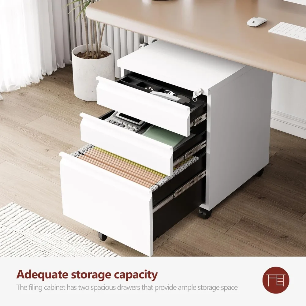 Secure Rolling Metal File Cabinet with Lock, Mobile Under Desk Storage for A4/Letter Size Documents