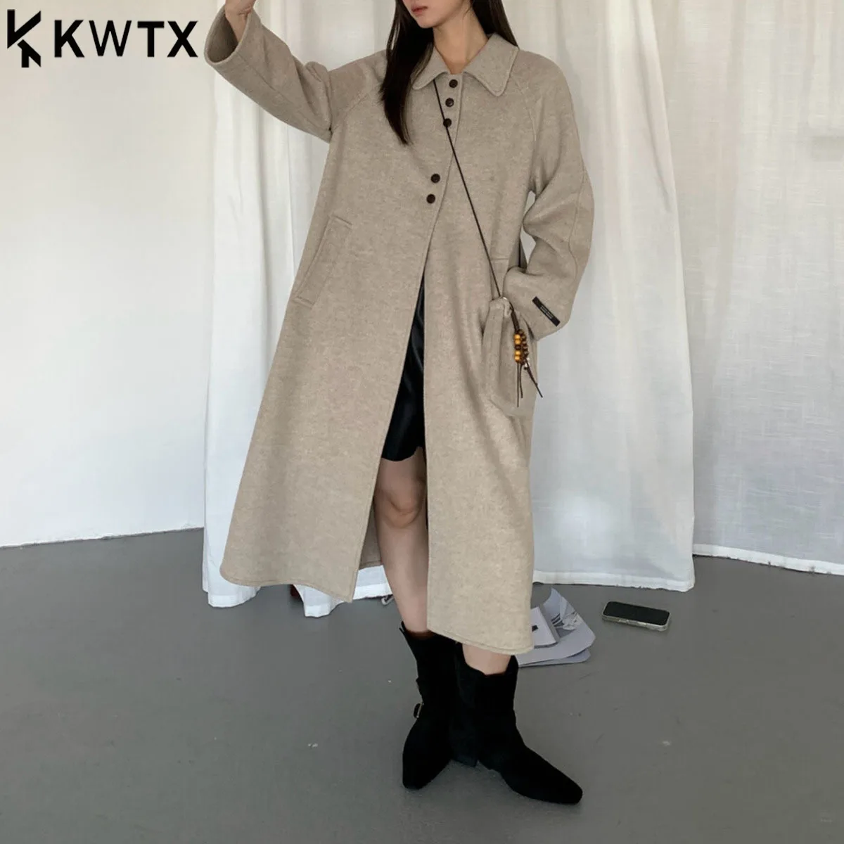 

KWTX женское пальто из 100% шерсти, винтажное минималистское элегантное однобортное повседневное пальто с лацканами, однотонное зимнее новое дизайнерское пальто