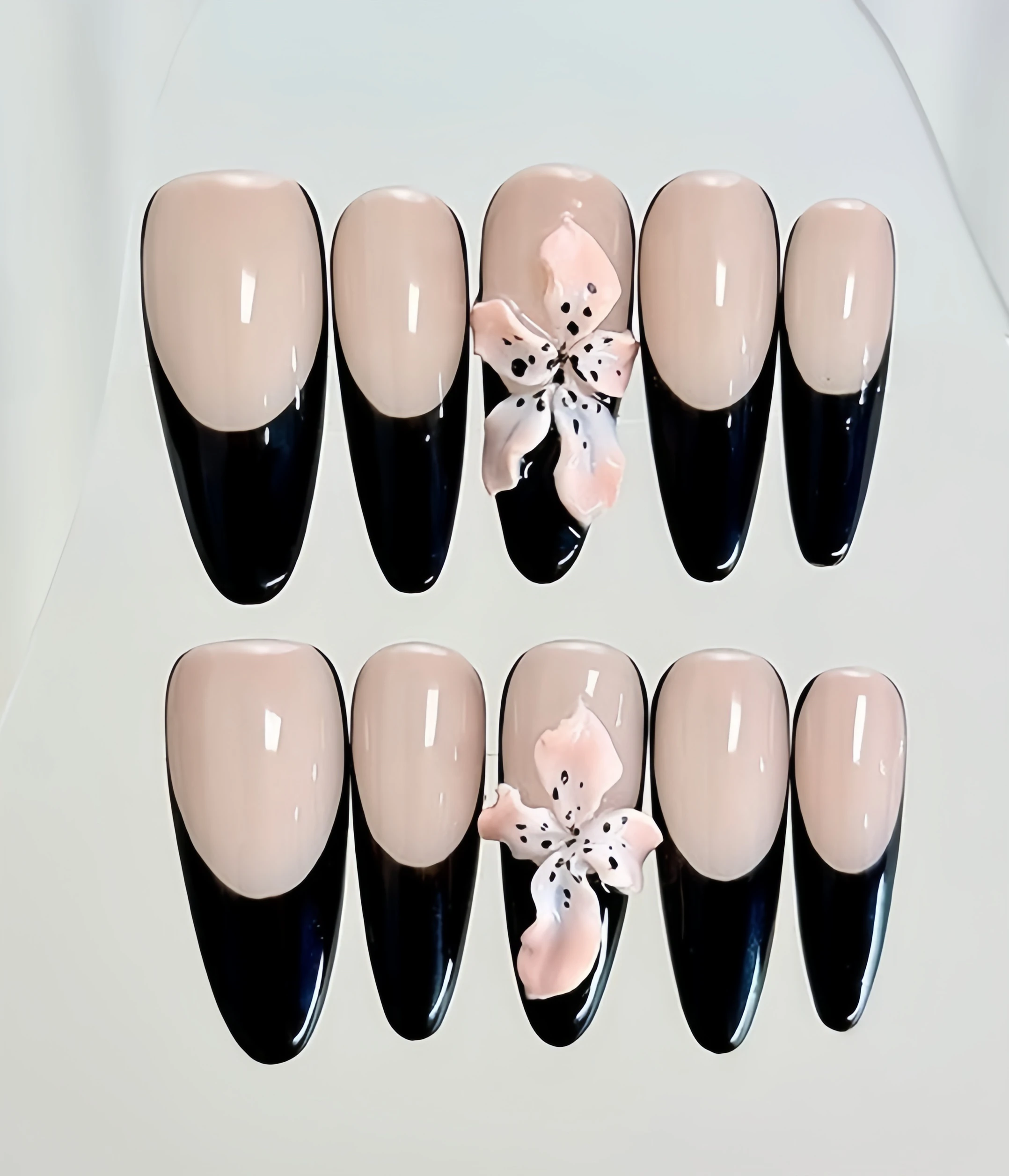 

10Pcs Press On Nails 3D Stereoscopic Carving Flowers Transparent French Long Almond Shaped Handmade Art Nail Removable Fake Nail