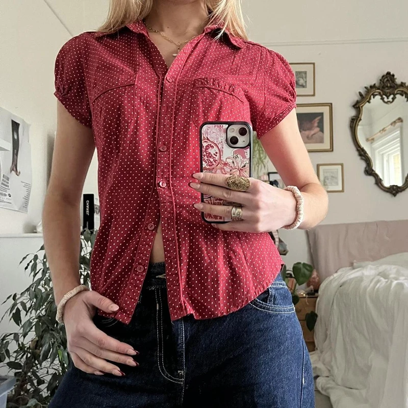 Vintage Y2k Ajusté Cap Manches Polka Dot T-shirt Boho Cottage 00s Esthétique Boutonné Chemisier Chemise Cyber Rétro Récolte Hauts Tenues